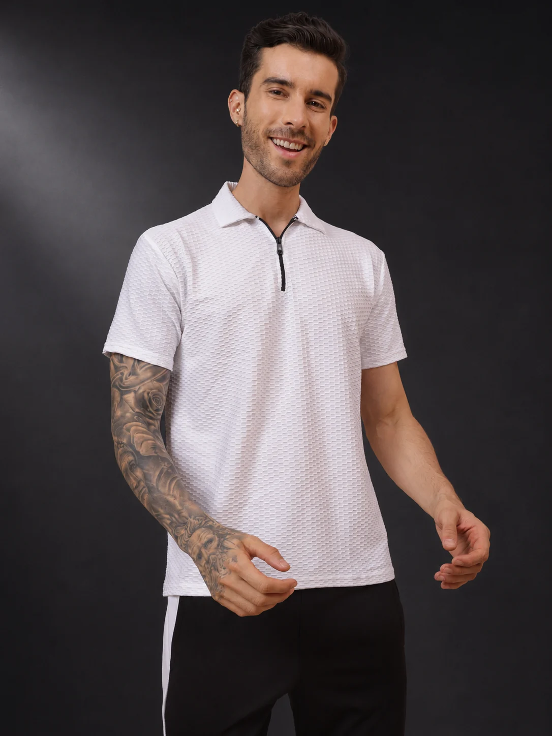 PARALIANS white textured polo styled with black trackpant